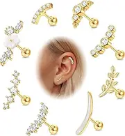 [Sanfenly] 8Pcs 16G Cartilage Earrings for Women, CZ Helix Earrings Stud,Flower Leaf Tragus Cartilage Helix Conch Piercing Jewelry Set for Sensitive Skins