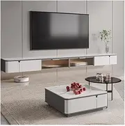 TV Stand Wall Mounted Floating TV Cabinet Unit, Wall Mounted Entertainment Center TV Media Console, Modern White Floating TV Stand with 2 Glass Flip Door ﻿ TV Cabinet(200x35x26cm)