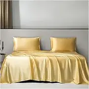 Satin Flat Sheet Twin Queen King Size Beds Soft Washed Silk Top Sheet Silky Smooth Cool Feeling Bed Sheets(Yellow,170x230cm)