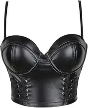PU Leather Corset Top Women Gothic Bustiers Strap Black Steampunk Corselet Fashion Short Bodice Cropped Top Bra