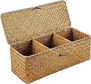 Wicker Shelf Baskets with Lid, Seagrass Storage Baskets, Rectangular Rattan Storage Box with 3 Sections Decorative Storage Boxes for Home Bathroom Desktop Organizer 13x5x4