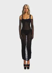 [Kiki Riki] Black Sheer Tulle Maxi Dress With Gloves