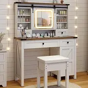 Giantex Makeup Vanity Desk w/Mirror & Lights, Farmhouse Dressing Table & Stool Set w/Sliding Mirror, 3-Color Dimmable LED Lights, Side Cabinet, Drawers & Adjustable Storage Shelves, White