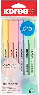 Kores - K0R-M: Ballpoint Pens with BLUE Semi-Gel Ink in Pastel Design, 1 mm Medium Point Biro for Smooth Writing, Triangular Ergonomic Shape, School and Office Supplies, Pack of 6