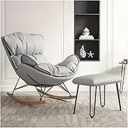 Leisure Sofa Living Room Rocking Chair ​Glider Rocker with High Backrest Armchair with Ottoman Mid Century Fabric Rocker Recliner Chairs with Solid Wood Legs(Light Gray)