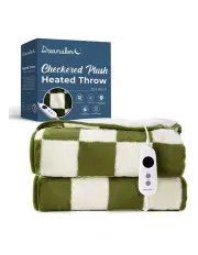 [Dreamaker] Checkered Plush Electric Heated Throw Blanket in Olive & Cream
