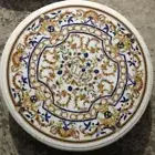 30" Round White Marble Bar Coffee Table Antique Semi Precious Pietra Dura Dec