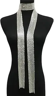 [BERMEL] Sparkle Metal Sequins Neck Tie Scarf, Glitter Thin Shawls Long Neckerchief for Party Evening (Silver)