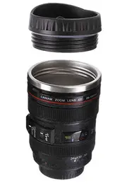 Camera Lens Drinking Cup with Stainless Steel Leak-Proof Lid,Creative Design Travel Mug Thermos,Safe to Use for Drinking Coffee,Tea,Water (Black)