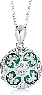 [Bling Jewelry] Personalized BFF Vintage Style Lucky Green Shamrock Clover Round Celtic Irish Two Photo Heart Oval Round Memorial Claddagh Hold Pictures Locket Necklace For Women .925 Sterling Silver Customizable