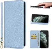 NanHou iPhone 11 Case Microfiber Leather RFID Blocking Wallet Magnetic Closure Kickstand Wrist Strap Card Holder Shockproof Flip Cover - Light Blue