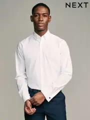 White Button Down Collar Slim Fit Easy Care Double Cuff Smart Shirt (AC8843) | $40