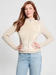 GUESS Eco Beige Fur Mix Mila Cardigan Size: Medium, Polyester