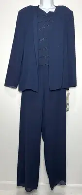 NWT R&M Richards Sz 18M Blue Chiffon Sequin Bead 3PC Pant Suit Special Occasion