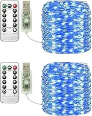 Clearhill USB Fairy Lights 2Pack,65.6ft/20M Blue 200LED USB Cooper Wire String Lights with Remote Control, 8 Modes, Timing & Dimmable for Christmas Bedroom Indoor Outdoor Decor