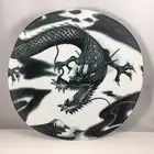 SET of 2 Japanese 10"D Porcelain Dinner Serving Dish Plates Black RYU Dragon