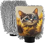 XYMZR Absorbent Microfiber Car Wash Mitt Savannah Cat Sunflower Cute, Funny Cute Anime Scratch Free for Cars Cleaning, Home Cleaning Mitts, 2 Pack, 10.24” L x 7.09” W