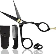 Ontaki 5.5” Japanese Steel Mustache & Beard Scissors for Men with Comb & Carrying Pouch - Hand Forged, Ergonomic Bent Handles Design - Facial Hair Scissors (Ergonomic Black, Right Hand)