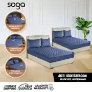 SOGA 2X 138cm Blue Cross Hatch Quilted Mattress Sheet Bed Sheet W/ Pillow Case