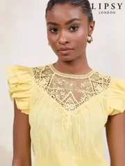 Lipsy Buttermilk Yellow Embroidered Flutter Sleeve Shell Top (AW4529) | $83