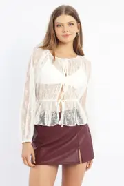 White Lace Top Long Sleeve Round Neck Tie Front - Size 6XXS, Women's Top