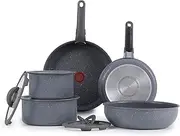 T-fal Ingenio Essentials Non Stick Cookware Set 11 Piece, Induction, Oven Broiler Safe, Stackable Cookware, Pots and Pans, RV, Camping, Fry Pans, Detachable Handle, Gray Granite