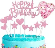11pcs Pink Happy Birthday Cake Toppers,Personalised Cake Topper for Girl,Boy,Kids,Women,Men,Birthday Cake Decorations Glitter Cupcake Toppers Cake Toppers Kit for All Ages Birthday Party Decoration