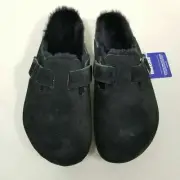 Birkenstock New with Box Boston Shearling Black Suede Leather Regular SelectSize