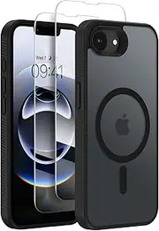 DUEDUE for iPhone 16e/ iPhone SE 4 6.1" (2025) Case Magnetic with 2 Pcs Tempered Glass Screen Protector [Compatible with MagSafe] Skin-Touch Military-Grade Protection Shockproof Cover Case, Black