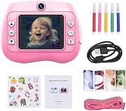 Instant Print Camera 2 Lens 1080P Video Camera Color Pen 5 Rolls Color Instant Paper 2.4 Inch Screen Toddler Travel Camera Kids Age 3+ Years Old (Pink)