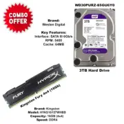 WD Purple 3TB HDD + Kingston Fury 4x4GB DDR4 2400MHz RAM Combo