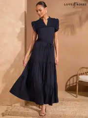 Love & Roses Navy Petite Flutter Sleeve Tired 100% Cotton Midi Dress (AW8881) | $102