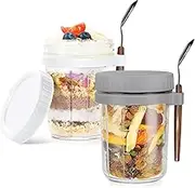 foGlass Overnight Oats Containers, 2-Pack 350ML, Airtight with Silicone Lids, Wide-Mouth Design, Ideal for Oats, Milk, Cereal, and Fruit (White & Grey)