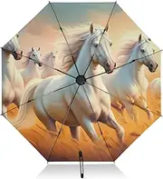 [RPLIFE] Compact Umbrella, Windproof Travel Umbrella, Automatic Open/close, Compact Size for Women Backpacks/Handbags, White Horses Running