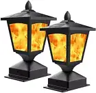 Solar Post Flame Light, Outdoor Deck Fence Post Cap Top LED Light Wih Flickering