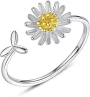 [Hmzidz] Daisy Ring for Women and Girls, Flower Rings Jewellery for Women, Adjustable Rings 925 Silver, Women's Fashion Jewellery for Your Individual Look, Sterling Silver, No Gemstone