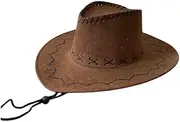 [Generic] Western Style Cowboy Hat, Brown Suede, Stitched Pattern with Chin Strap