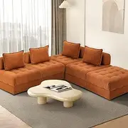Oikiture Floor Sofa 5 Seater Lounge Chair with Ottoman and Cushion Velvet Sofa Set Brown