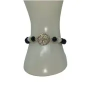 Black & White Beaded Gold-Tone Tree of Life Pendant Rhinestone Stretch Bracelet
