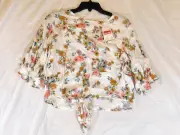 NWT Elodie Women's Cropped Tie Front Floral Blouse L Off White Multi