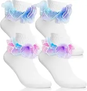 [GIKPAX] 2 Pairs Ruffle Socks, Ruffle Socks for Girls, Ankle Socks for Girls, Cotton Ruffle Socks for Children, Lace Socks for Babies, with Ruffles for Shows, Parties, Performances, 4-6 Years, Colourful, One