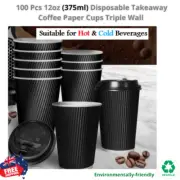 100 Pcs 12oz Disposable Takeaway Coffee Paper Cups Triple Wall Take Away w Lids