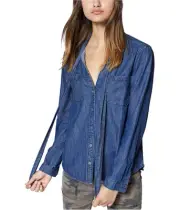 Sanctuary Clothing Womens Tie-Neck Button Up Shirt, Blue, Large