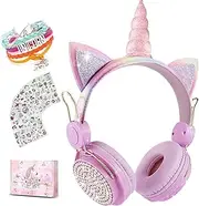 Unicorn Wireless Headphones for Kids,Cat Ear Bluetooth 5.0 Over Ear Headphones with Microphone for Cellphone/iPad/Laptop/PC/TV/PS4/Xbox One, Foldable Gaming Headset for Girls Teens Gift (Pink)