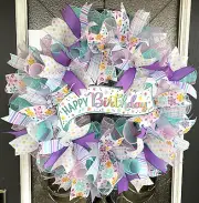 Happy Birthday Banner Party Front Door Deco Mesh Wreath Festive Sparkly Cheerful
