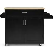 Black Wood Top Small Rolling Kitchen Island Cart with Towel and Spice Rack, on