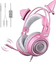 SOMIC G951s Pink Stereo Gaming Headset with Mic for PS4, Xbox One, PC, Mobile Phone, 3.5MM Sound Detachable Cat Ear Headphones Lightweight Self-Adjusting Over Ear Headphones for Women