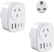 AU to UK Travel Adapter 2Pcs, Autralia to UK Travel Plug with 4 USB Ports(2 USB