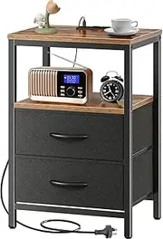 Night Stand with Charging Station, 3-Tier Storage Nightstand with 2 Fabric Drawer,End Tables Bedroom Bedside Table with Charging Station for Bedroom, Dorm, Living Room - Easy Assembly, Sturdy Design