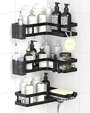 Gabeeriso Corner Shower Caddy, Soap Holder Shower Caddy 2-in-1,3Pack Bathroom Shelves with 18 Hooks,Black Rust-Resistant Adhesive Shower Shelf No Drilling. (L-Shaped Black 3-Pack)